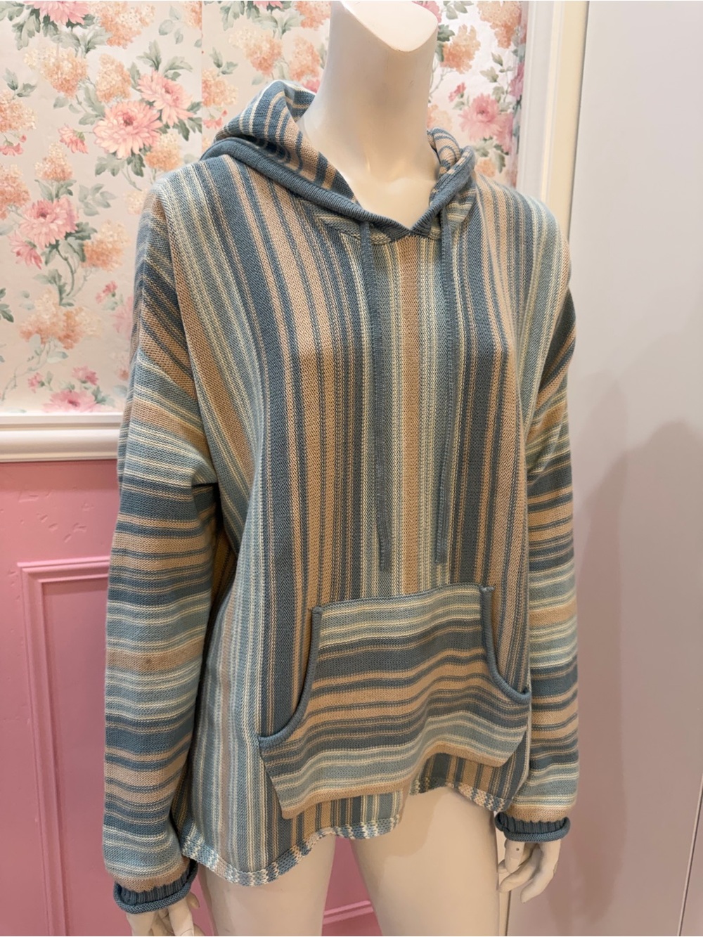 Anthropologie Striped Hooded Pullover in Blue and Cream with Tan